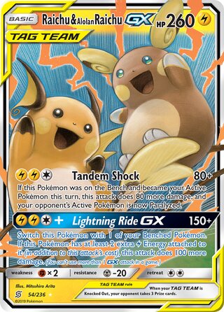 Raichu & Alolan Raichu-GX, WC Deck 2019 (Pikarom Judge) 054/236