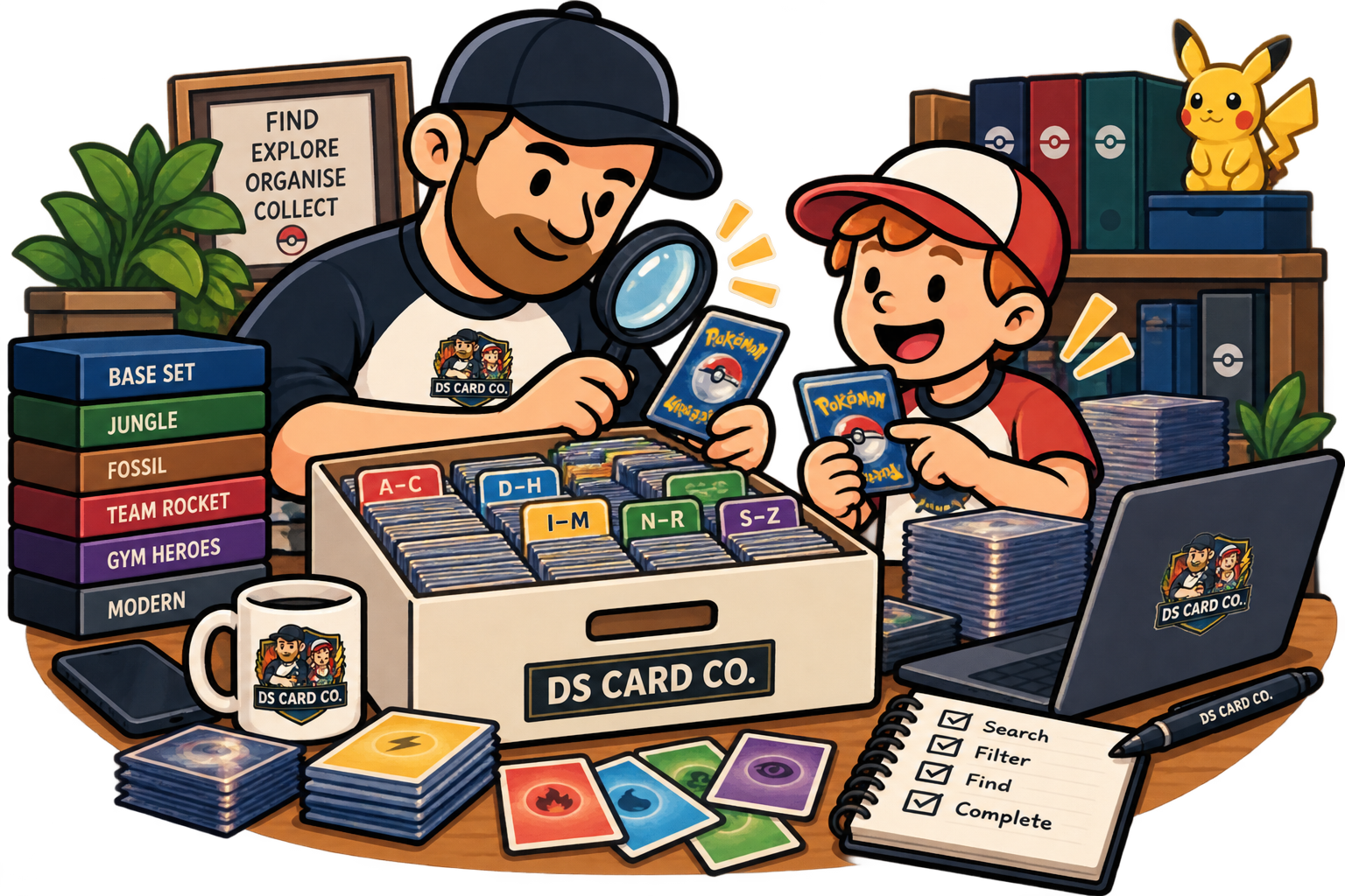 Collector finding Pokémon cards in an organised collection